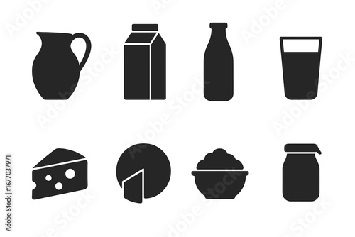 Dairy product silhouette icons set. Milk and cheese symbols collection. Vector glyphs for food packaging, grocery store, and farm fresh concepts. Minimalist black design.