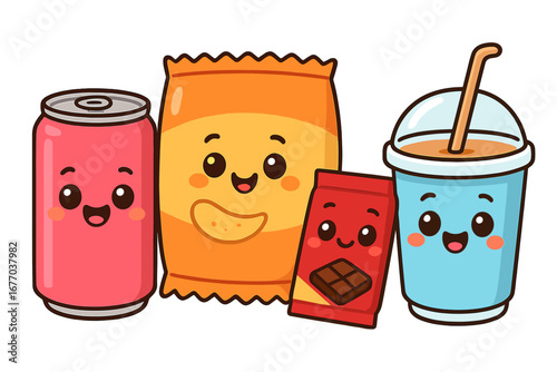 Cute kawaii snack and drink characters. Set of cartoon junk food mascots. Cheerful soda can, bag of chips, chocolate bar and cup with happy faces. Vector illustration.