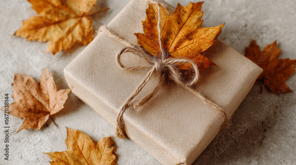 Fototapeta premium Rustic Kraft Paper Present with Autumn Leaves