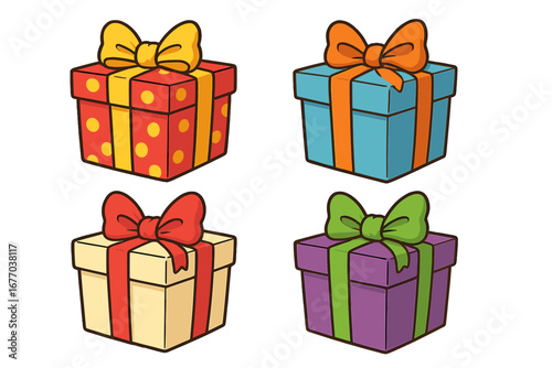 Set of decorative cartoon gift boxes with bows for celebration themes. Vector illustration of colorful presents. Surprise packages for birthday, Christmas, holiday, anniversary.