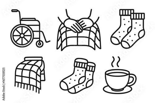 Elderly care comfort icons set. Wheelchair, lap blanket, senior hands, socks, warm drink, outline style. Hospital patient aid, nursing home, cozy warmth, healthcare support for seniors, old age living