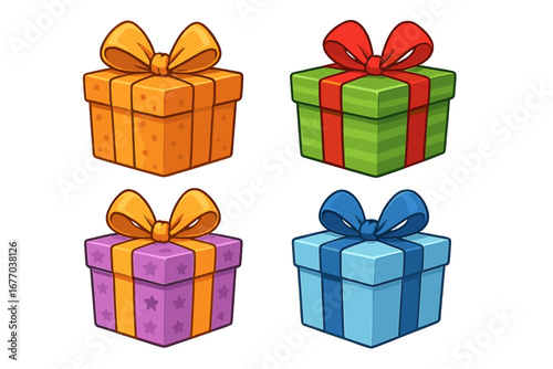 Set of colorful cartoon gift boxes with bows. Vector illustration of presents for birthday, christmas, or any celebration. Isolated surprise packages with ribbon for holiday design.