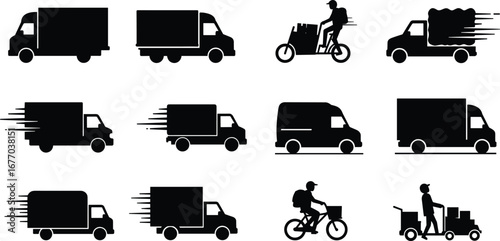 Delivery transportation icons set, fast shipping truck bike courier logistics symbols, black silhouette style for express service design