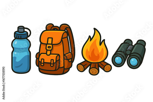 Hiking and camping equipment icon set. Outdoor adventure gear collection with backpack, water bottle, campfire, and binoculars. Vector cartoon illustration for tourism and survival.