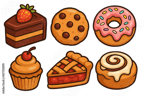 Cartoon baked goods vector set. Sweet food icons collection. Delicious pastry and dessert assortment: cake slice, cookie, donut, cupcake, pie, cinnamon roll. Bakery clipart.