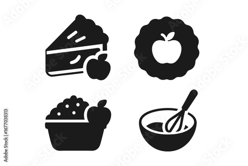 Apple desserts solid icon set. Vector glyphs of pie slice, tart, crumble, and mixing bowl. Symbols for baking, homemade pastry, bakery shop, and sweet food recipes.