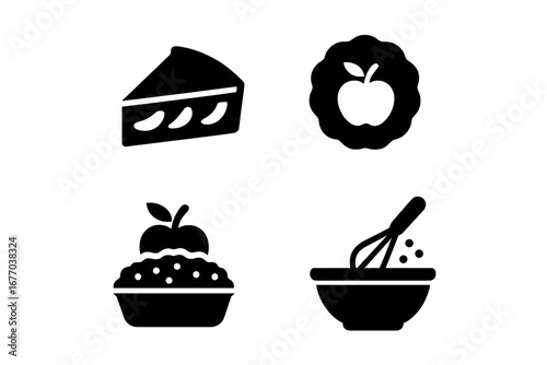 Apple pie desserts solid glyph icon set. Baking food, pastry, and sweet treat symbols. Vector icons of apple pie slice, tart, crumble, and mixing bowl for cooking and recipes.