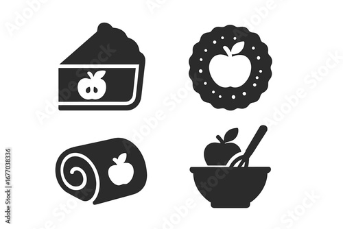 Apple desserts glyph icon set. Baking and baked goods symbols. Includes apple pie slice, tart, strudel roll, and mixing bowl. Pastry, bakery, and sweet food concept vector.