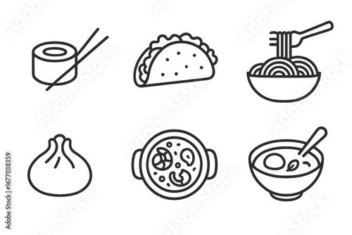 Global cuisine line icon set. International food symbols. Vector outline illustration of sushi, taco, pasta, dumpling, paella, soup. Japanese, Mexican, Italian, Asian food.
