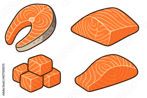 Salmon raw fish meat vector illustration set. Fresh seafood collection with different cuts like fillet, steak, and diced cubes. Healthy food, protein diet, omega-3 concept.