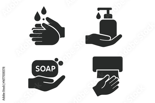 Hand hygiene icons set. Solid glyph illustrations for hand washing, soap, water, sanitizer gel dispenser, paper towel. Health care, safety, sanitation and disinfection concept. Vector.
