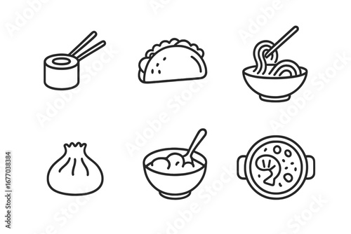 Global cuisine outline icons set. International food symbols. Vector line art of world dishes: Japanese sushi, Mexican taco, Asian noodles, Spanish paella, Chinese dumpling, Indian curry.