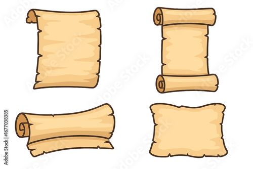 Set of old scrolls and parchment paper. Ancient blank papyrus manuscripts. Vintage medieval or pirate treasure map. Retro document banner. Vector cartoon illustration template.
