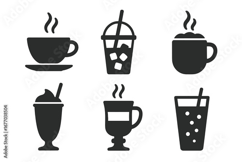 Hot and cold drinks icon set. Coffee and tea beverage silhouette symbols for menu design. Vector glyph collection with teacup, iced drink, cappuccino, smoothie, and soda.