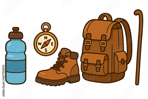 Hiking and camping equipment set. Outdoor adventure, travel essentials. Backpack, compass, boots, water bottle and walking stick. Vector cartoon illustration flat icon collection.