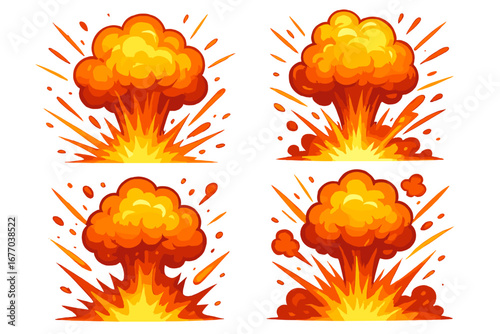Set of cartoon explosions. Comic book bomb blast effects. Vector illustration of dynamic fire bang and boom clouds. Atomic or nuclear burst with energy and movement.