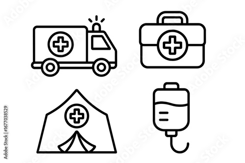 Emergency medical icons set. Ambulance car, first aid kit, field hospital tent, and IV drip bag line symbols. Healthcare, rescue, and disaster response vector illustration.