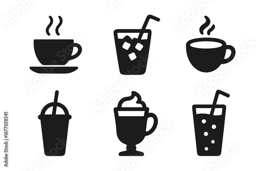 Hot and cold drinks icon set. Coffee and tea beverage silhouette symbols. Vector glyph collection for cafe menu design. Espresso, latte, iced drink, smoothie, and soda.