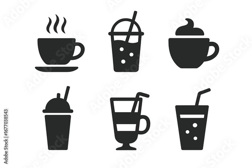 Hot and cold drinks icon set. Coffee and tea beverages silhouette symbols. Vector graphic elements for cafe menu design. Cup, mug, teacup, iced drink, cappuccino, smoothie, latte, soda.