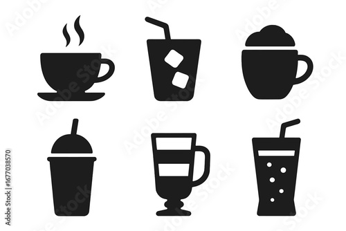 Hot and cold drinks icon set. Coffee and tea beverage silhouette symbols. Vector graphic elements for menu design. Teacup, iced drink, cappuccino, smoothie, latte, soda icons.