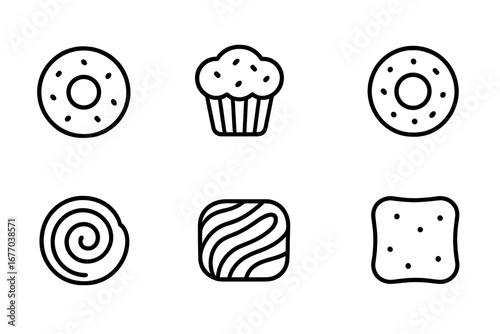 Breakfast pastries and bakery food outline icon set. Vector line art illustration of sweet baked goods like donuts, muffins, cinnamon rolls, scones, and Danish pastries.