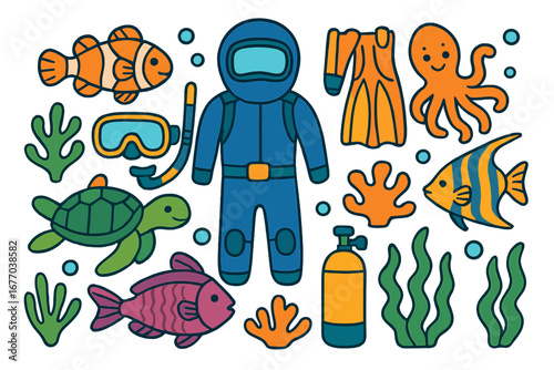 Scuba diving equipment and marine life set. Vector cartoon icons for underwater adventure. Diver, fish, turtle, octopus, coral, seaweed, oxygen tank, mask, and flippers.