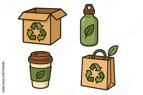 Eco friendly icon set for sustainable living. Vector cartoon illustration of reusable products. Zero waste concept with recycle box, water bottle, coffee cup, and paper bag.