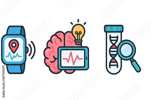 Health technology icons for tracking, brain health, gene analysis. Smartwatch, neuroscience idea, DNA research concept. Vector set for biotechnology, fitness app, medical innovation.