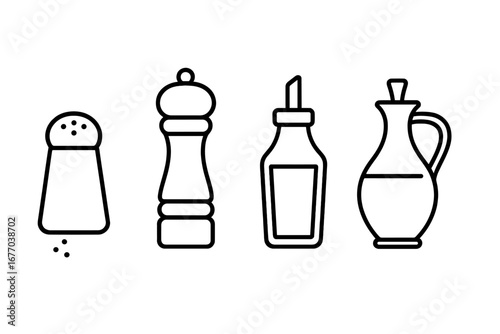Kitchen seasoning icons outline set. Vector symbols for cooking, food, and condiments. Salt shaker, pepper mill, oil dispenser, and vinegar cruet. Line art illustration.