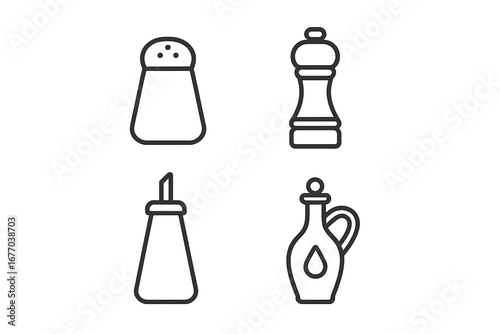 Kitchen seasoning and condiment line icon set. Salt shaker, pepper mill, sugar dispenser, and oil cruet. Simple outline pictogram collection for cooking and food concepts.