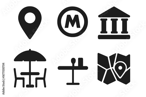 City travel icon set. Tourism and exploration solid glyph icons. Location pin, metro sign, museum, cafe table, street map. Navigation and vacation vector symbols isolated.