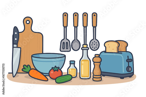 Kitchen tools and cooking utensils for meal preparation. Healthy food concept with fresh vegetables. Breakfast scene with toaster. Vector cartoon kitchenware illustration.