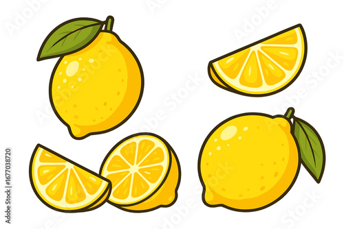 Lemon fruit set vector cartoon illustration. Fresh juicy yellow citrus with green leaf. Half lemon, slice and wedge for lemonade. Sour food icon, design element collection.