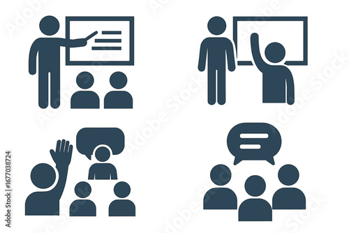 Classroom education icon set. Vector pictogram of teacher presentation, lecture, and seminar. Student raising hand to ask a question. Group discussion and teamwork concept.