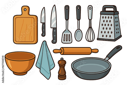 Kitchen tools and utensils vector icon set. Cooking equipment collection with knife, pan, cutting board, grater, whisk for meal prep. Culinary flat cartoon illustration.