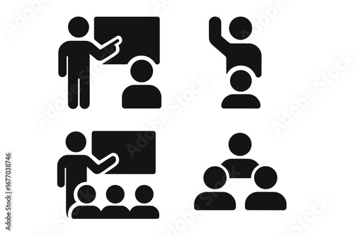 Classroom teaching icon set. Teacher with students, lecture & presentation symbols. Student raising hand to ask question. Group work & teamwork pictogram collection vector.