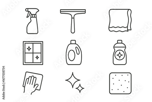 Cleaning service and household chores line icon set. Vector symbols for housekeeping equipment. Disinfection and hygiene concepts. Spray, squeegee, sponge, and detergent icons.