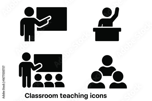 Classroom teaching solid icon set. Vector symbols of teacher pointing at blackboard, student raising hand, lecture, and group work. Education and learning pictogram collection.