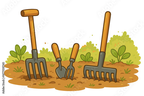 Garden tools for planting and cultivating in a backyard. Spring season agriculture concept. Vector illustration of rake, fork, trowel, shovel in soil. Farming equipment set.