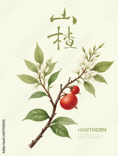Detailed Botanical Illustration of a Hawthorn Branch