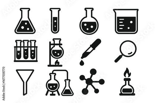 Lab equipment icons set for science and chemistry. Vector illustration. Research, experiment, analysis symbols. Flask, beaker, test tube, burner, molecule, pipette icons.