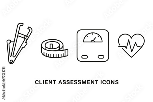 Client health assessment vector icon set. Outline tools for measuring fitness, body fat caliper, tape measure, weight scale, heart rate, and pulse. Body composition analysis.