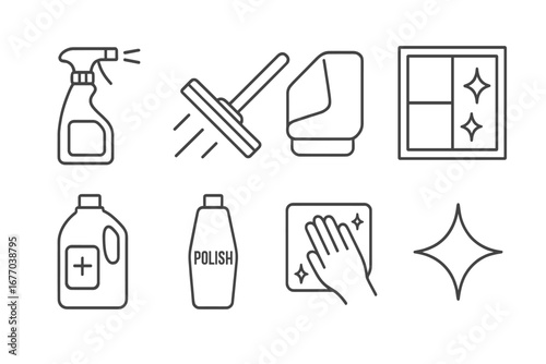 Cleaning tools icon set. Outline style symbols for home & office. Spray bottle, squeegee, cloth, window, detergent, polish, sparkle. Vector hygiene & housekeeping concept.