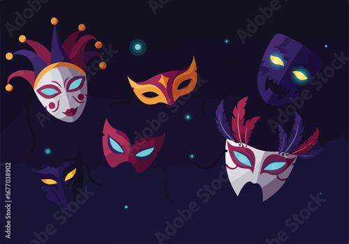 A collection of colorful venetian carnival masks for a mysterious halloween masquerade ball party on a dark starry night background