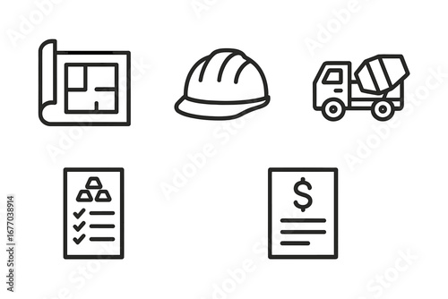 Construction line icon set. Building industry symbols. Outline vector graphics for blueprint, hard hat, concrete mixer, material list, project cost. Architecture & engineering.
