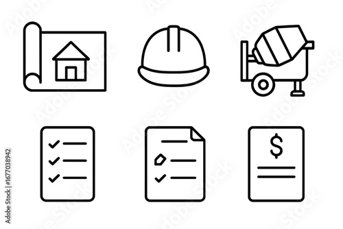 Construction line icon set for building and architecture. Vector symbols for blueprint, hard hat, concrete mixer, checklist, materials, and project cost. Thin outline style.