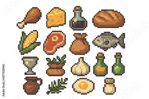 Pixel art food icons for medieval fantasy RPG. Retro 8-bit game assets set. Cooking ingredients sprites: meat, fish, bread, cheese, chicken, vegetables, potions vector.