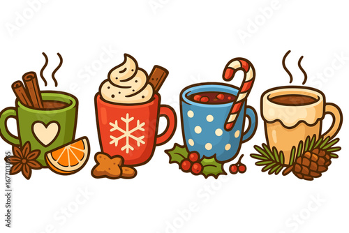 Christmas hot drinks set. Winter beverages like hot chocolate, coffee, mulled wine, and tea. Festive cartoon mugs with cinnamon, candy cane, and spices. Vector for holiday menu.