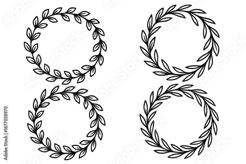 Set of four hand-drawn circular leaf wreaths. Vector floral frames and borders for wedding invitations, logos, and decoration. Elegant botanical laurels collection isolated.