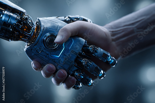 Futuristic handshake between a human hand and a robotic hand, symbolizing AI-human collaboration and cybernetic integration, high-tech digital background.